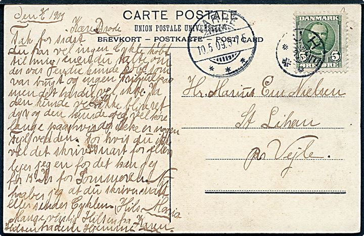 5 øre Fr. VIII på brevkort annulleret med UHE og sidestemplet Farre d. 10.5.1909 til Vejle.