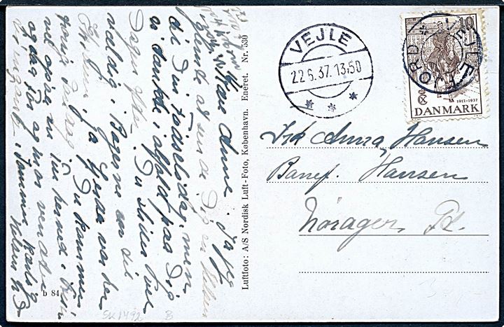 10 øre Regentjubilæum på brevkort (Vejlefjord Sanatorium, luftfoto) annulleret med udslebet stjernestempel VEJLE FJORD og sidestemplet Vejle d. 22.6.1937 til Nørager.
