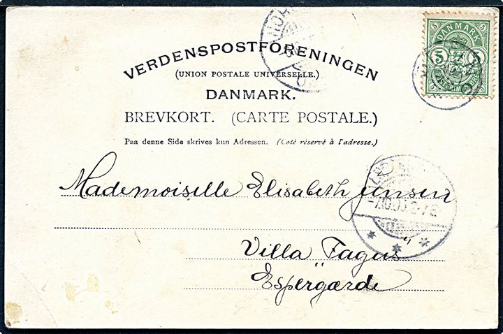 5 øre Våben på brevkort (Ørting) annulleret med stjernestempel Ørting og sidestemplet med svagt bureau stempel Horsens - Odder d. 6.10.1905 til Espergærde.
