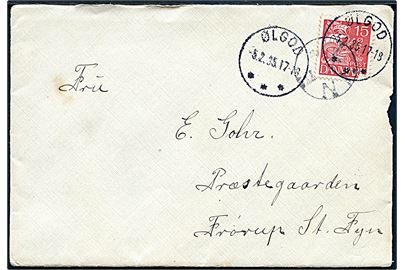 15 øre Karavel på brev annulleret med udslebet stjernestempel LYNE og sidestemplet Ølgod d. 5.2.1935 til Frørup.