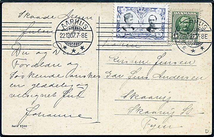 5 øre Fr. VIII og julemærke 1907 (violet/sort) på brevkort fra Aarhus d. 22.12.1907 til Skaarup Fyn.