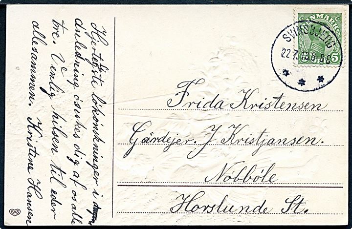 5 øre Chr. X på brevkort annulleret med brotype IIIb Svinsbjerg d. 22.7.1918 til Horslunde.