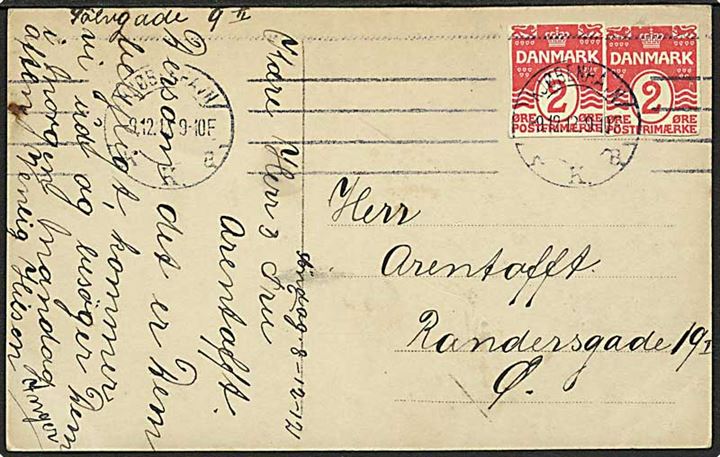 2 øre helsagsafklip (2) anvendt som frankering på lokalt brevkort i Kjøbenhavn d. 9.12.1912.