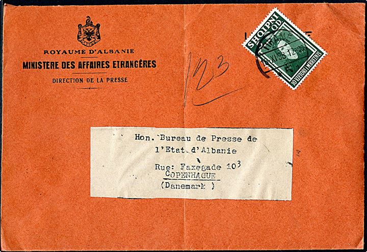 5 q. Dr. Geraldine single på tryksag fra det albanske udenrigsministerium i Tirana d. 16.11.1938 til det albanske pressebureau i København, Danmark.
