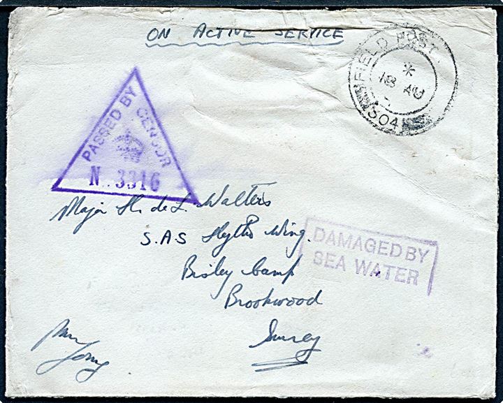 Ufrankeret OAS feltpostbrev stemplet Field Post Office 304 (= Akureyri) d. 18.8.1941 til Brookwood, England. Unit censor stempel No. 3316 og violet rammestempel DAMAGED BY SEA WATER. 