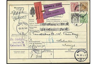 5 øre, 50 øre og 1 kr. Chr. X, samt 3 øre Bølgelinie på 1,68 øre frankeret internationalt adressekort for værdipakke med opkrævning fra Kjøbenhavn d. 3.6.1915 til Kalmar, Sverige.