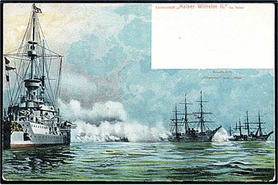 S.M.S. Kaiser Wilhelm II med skoleskibene Charlotte og Nixe i baggrunden. 