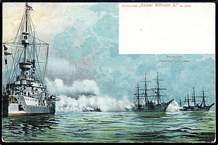 S.M.S. Kaiser Wilhelm II med skoleskibene Charlotte og Nixe i baggrunden. 