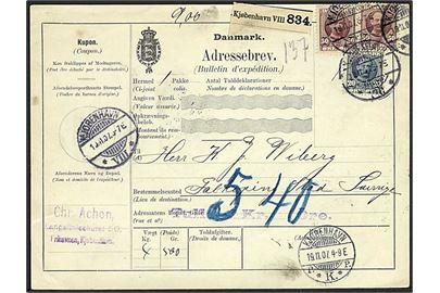 20 øre og 50 øre (2) Fr. VIII på 1,20 kr. frankeret internationalt adressekort for pakke fra Kjøbenhavn VIII d. 19.11.1907 til Falköpingt, Sverige.