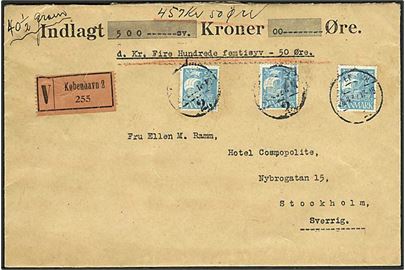 25 øre Karavel (3) på værdibrev fra København d. 6.4.1932 til Stockholm, Sverige.