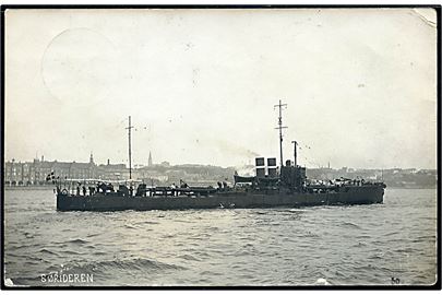 Torpedobåden Søridderen (Stavefejl: Sørideren) Fotokort no. 50. Svagt hjørne.