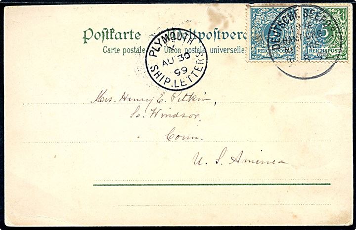 Willy Stöwer: Postdampfer Patricia. Frankeret med 5 pfg. Ciffer (2 - begge falmet) annulleret med skibsstempel Deutsche Seepost Linie Hamburg - New York d. 30.8.1899 og sidestemplet Plymouth Ship Letter til USA. 
