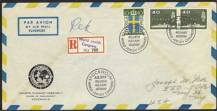 90 öre på fortrykt kuvert sendt som anbefalet luftpost fra 4th Plenary Assembly World Jewish Congress i Stockholm d. 6.8.1959 til New York, USA. Provisorisk Rec.-etiket: World Jewish Congress.