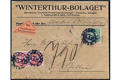 5 öre og 10 öre (par) Gustaf på fortrykt kuvert fra Winterthur-Bolaget sendt med postopkrævning fra Stockholm d. 25.1.1917 til Bollnäs. Fuldt indhold.