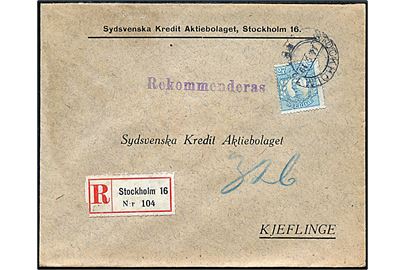 27 öre Gustaf single på anbefalet brev fra Stockholm d. 14.5.1919 til Kjeflinge.