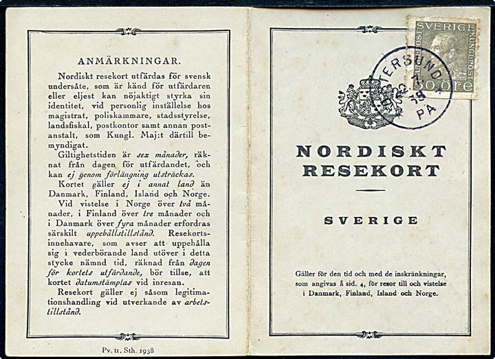 50 öre Gustaf på Nordisk Resekort stemplet Östersund d. 22.7.1938. Frimærke med skjolder.