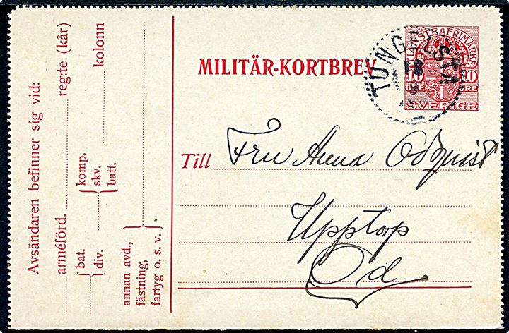 10 öre Tjeneste Militär-Kortbrev annulleret Tungelsta d. 18.9.1917 til Od. Langt indhold skrevet af sømand ombord på panserskibet H. M. Manligheten, iflg. meddelelse ligger skibet i Hårsfjorden og afholder skydeskole. 