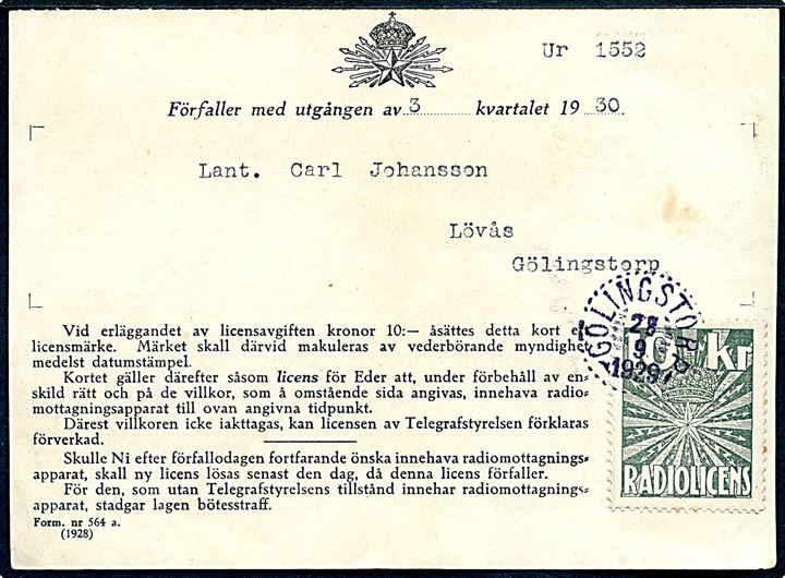 10 kr. Radiolicens mærke stemplet Gölingstorp d. 28.9.1929 på kvittering for indbetalt radiolicens.