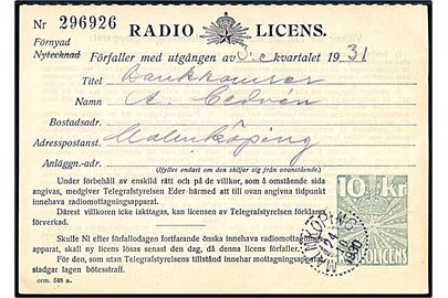 Fortrykt 10 kr. Radiolicens mærke på kvittering for indbetalt radiolicens stemplet Malmköping d. 24.10.1930.