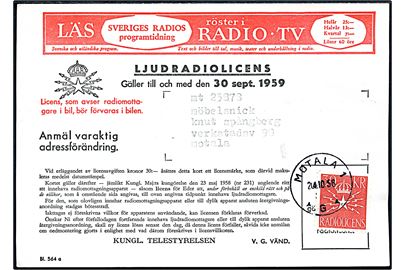 30 kr. Radiolicens mærke stemplet Motala d. 24.10.1958 kvittering for indbetalt ljudradiolicens.
