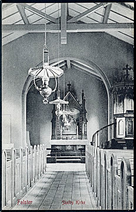 Skelby kirke på Falster, interiør. Warburg no. 7024.