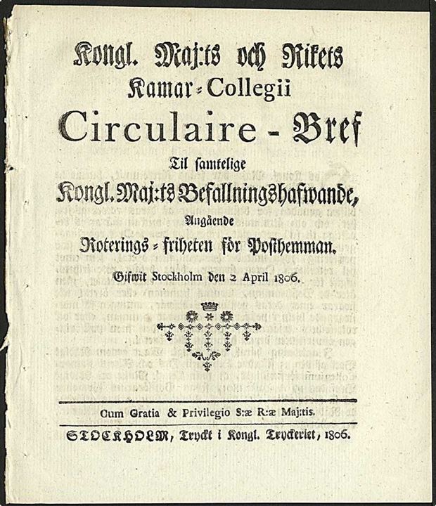 Cirkulære-brev vedr. postale forhold dateret Stockholm d. 2.4.1806. 4 sider.