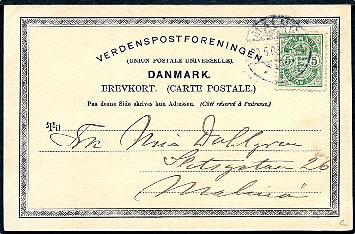 Købh., Raadhuspladsen med sporvogn. Warburg no. 25. Frankeret med 5 øre Våben og annulleret med svensk stempel i Malmö d. 20.5.1906 til Malmö, Sverige.
