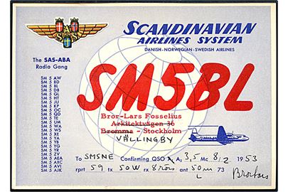 Scandinavian Airlines System (SAS) QSL kort fra Vällingby, Sverige 1953. Uden adresselinier.