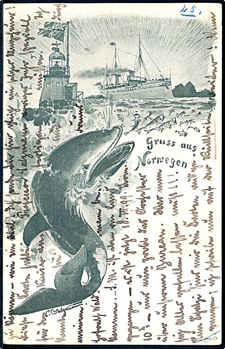 Carl Saltzmann: Gruss aus Norwegen, tyske kejser yacht Hohenzollern og hval. Anvendt 1899.