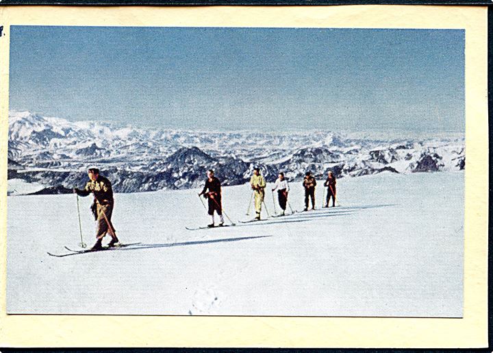 Islandsk jule-klapkort med billede af skiløbere dateret d. 20.12.1948.