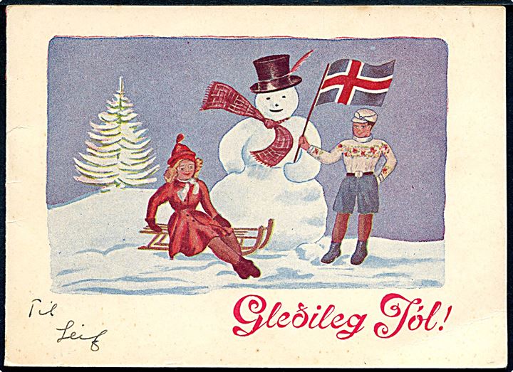 Islandsk jule-klapkort med snemand dateret d. 20.12.1948.