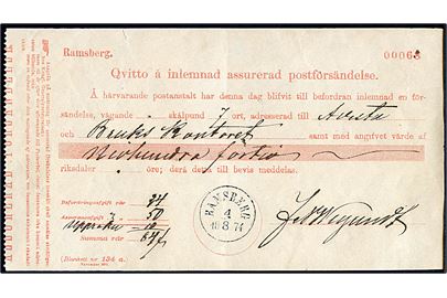 Fortrykt kvittering for afsendelse af værdiforsendelse stemplet Ramsberg d. 4.8.1874.