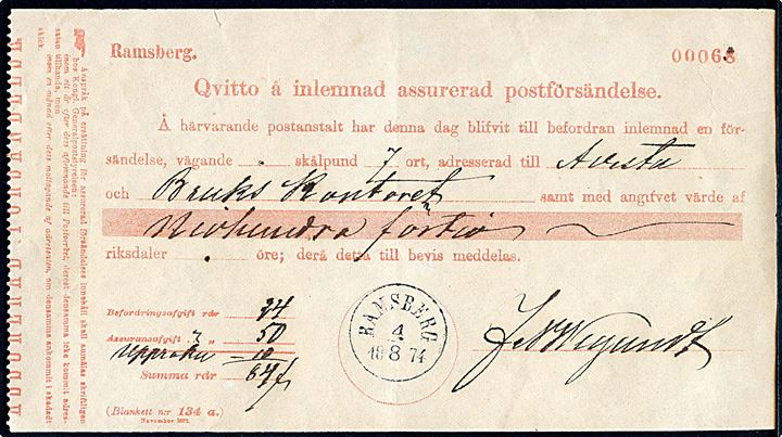 Fortrykt kvittering for afsendelse af værdiforsendelse stemplet Ramsberg d. 4.8.1874.