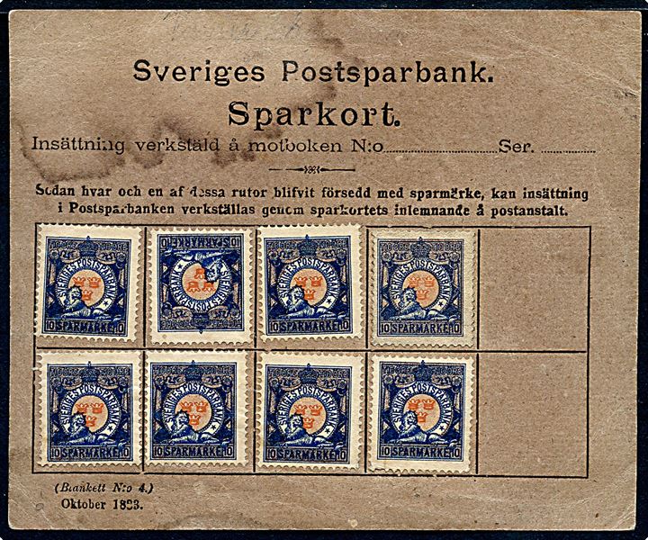 Sveriges Postsparbank Sparkort (Blankett N:o 4) Oktober 1883 med 10 öre sparemærker (8). Skjold i toppen 