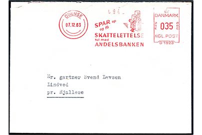35 øre illustreret firmafranko stempel Spar op og få Skattelettelse tal med Andelsbanken på brev fra Odense d. 7.12.1963 til Lindved pr. Hjallese.
