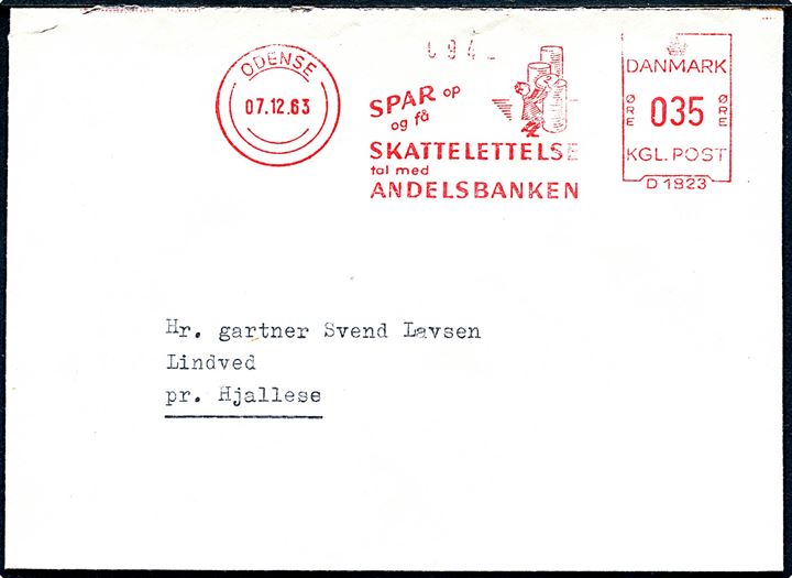 35 øre illustreret firmafranko stempel Spar op og få Skattelettelse tal med Andelsbanken på brev fra Odense d. 7.12.1963 til Lindved pr. Hjallese.