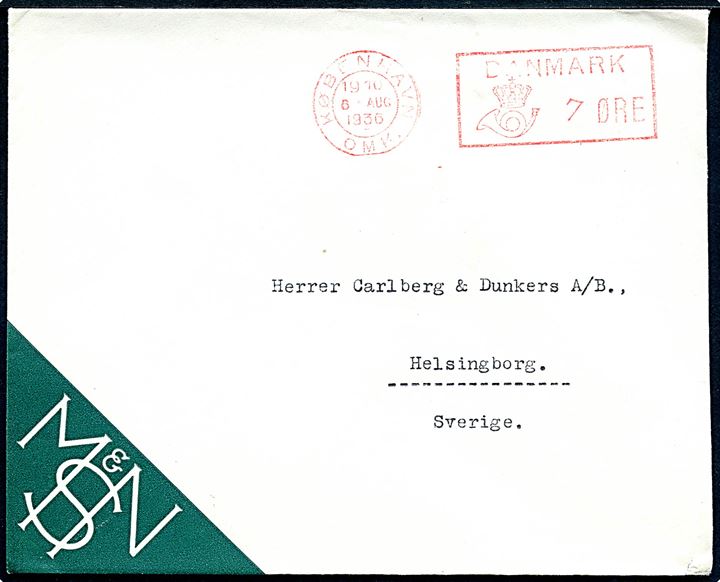 7 øre posthusfranko frankeret tryksag fra København OMK. d. 6.8.1936 til Helsingborg, Sverige.