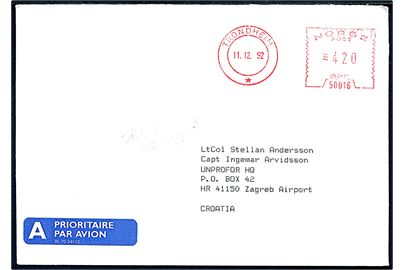 4,20 kr. frankostemplet luftpostbrev fra Trondheim d. 11.12.1992 til to svenske officerer ved UNPROFOR HQ i Zagreb, Kroatien.