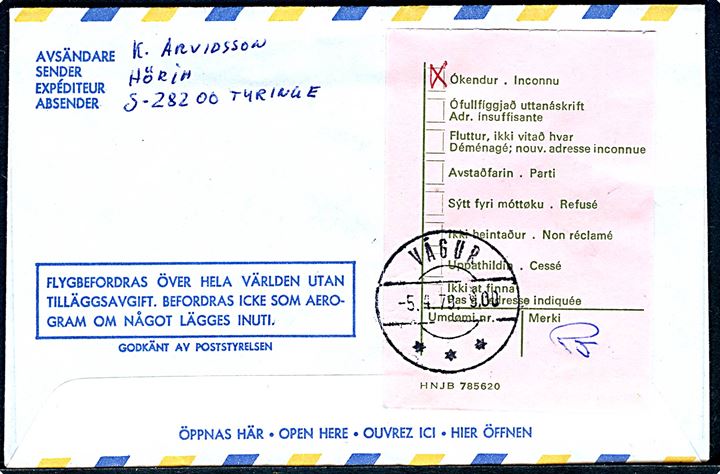 13 kr. Europa udg., 27 kr. Stephansson og 30 kr. Eiriksson på aerogram annulleret med særstempel Saudakrókur Flugdagur d. 15.7.1978 til poste restante i Vagur på Færøerne. 