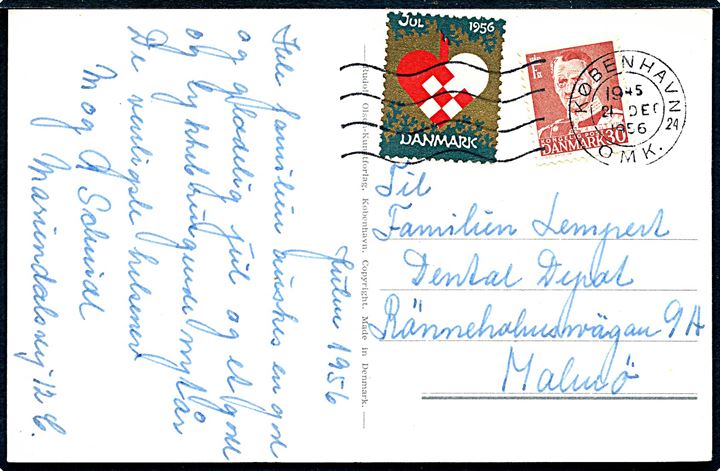 30 øre Fr. IX og Julemærke 1956 på julekort fra København d. 21.12.1956 til Malmö, Sverige.