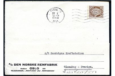 15 øre Posthorn med sammenklæbning fra frimærke rulle på brevkort fra firma A/S Den Norske Remfabrik i Oslo d. 22.1.1940 til Blomskog, Sverige.