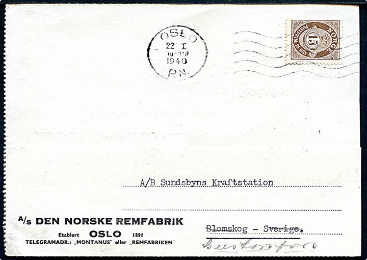 15 øre Posthorn med sammenklæbning fra frimærke rulle på brevkort fra firma A/S Den Norske Remfabrik i Oslo d. 22.1.1940 til Blomskog, Sverige.