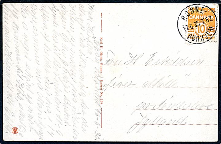 10 øre Bølgelinie på brevkort dateret Casa Blanca og annulleret med bureaustempel Rønne - Gudhjem T.62 d. 17.6.1935 til Liver Mølle pr. Sønderlev