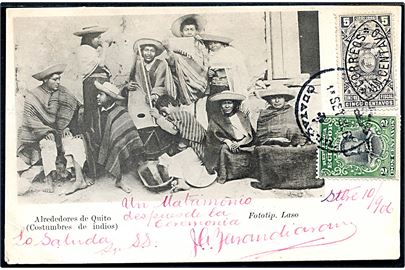 1/5 c. Provisorium og 2 c. Calderon på billedside af brevkort med indianere i Quito stemplet Guayaquil d. 11.9.1906 til Odense, Danmark.