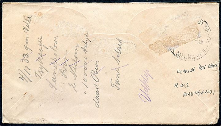 Fransk Oceanien. 50 c. (4) på brev annulleret med stumt stempel fra New Zealandsk skib og på bagsiden transit stemplet Marine Post Office N.Z. RMS Maunganui i 1930'erne til Aalborg, Danmark. Bagklap mangler. 