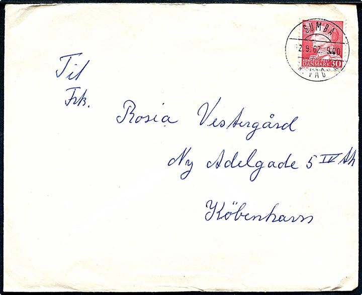 30 øre Fr. IX på brev annulleret med pr.-stempel Sumba pr. Vagúr d. 12.9.1962 til København.