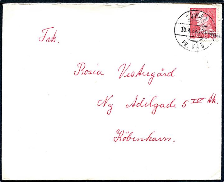 30 øre Fr. IX på brev annulleret med pr.-stempel Sumbø pr. Våg d. 30.4.1962 til København.