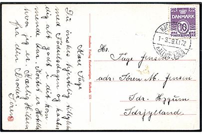 10 øre Bølgelinie på brevkort fra Holbæk annulleret med bureaustempel Kjøbenhavn - Kallundborg T.172 d. 1.3.1939 til Sdr. Hygum. 