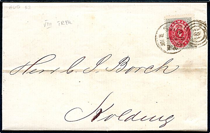 4 sk. Tofarvet 8. tryk på brev fra Kjøbenhavn annulleret med kombineret nr.-stempel 181/SJ.JB.P.SP.B. d. 31.7.1873 til Kolding.