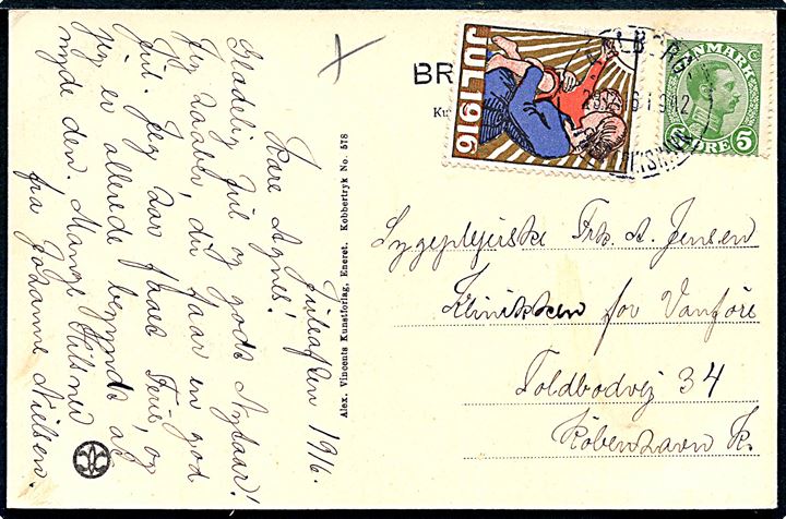 5 øre Chr. X og Julemærke 1916 på brevkort (Krøyers hus, Skagen) annulleret med bureaustempel Aalborg - Frederikshavn T.942 d. 23.12.1916 til København.